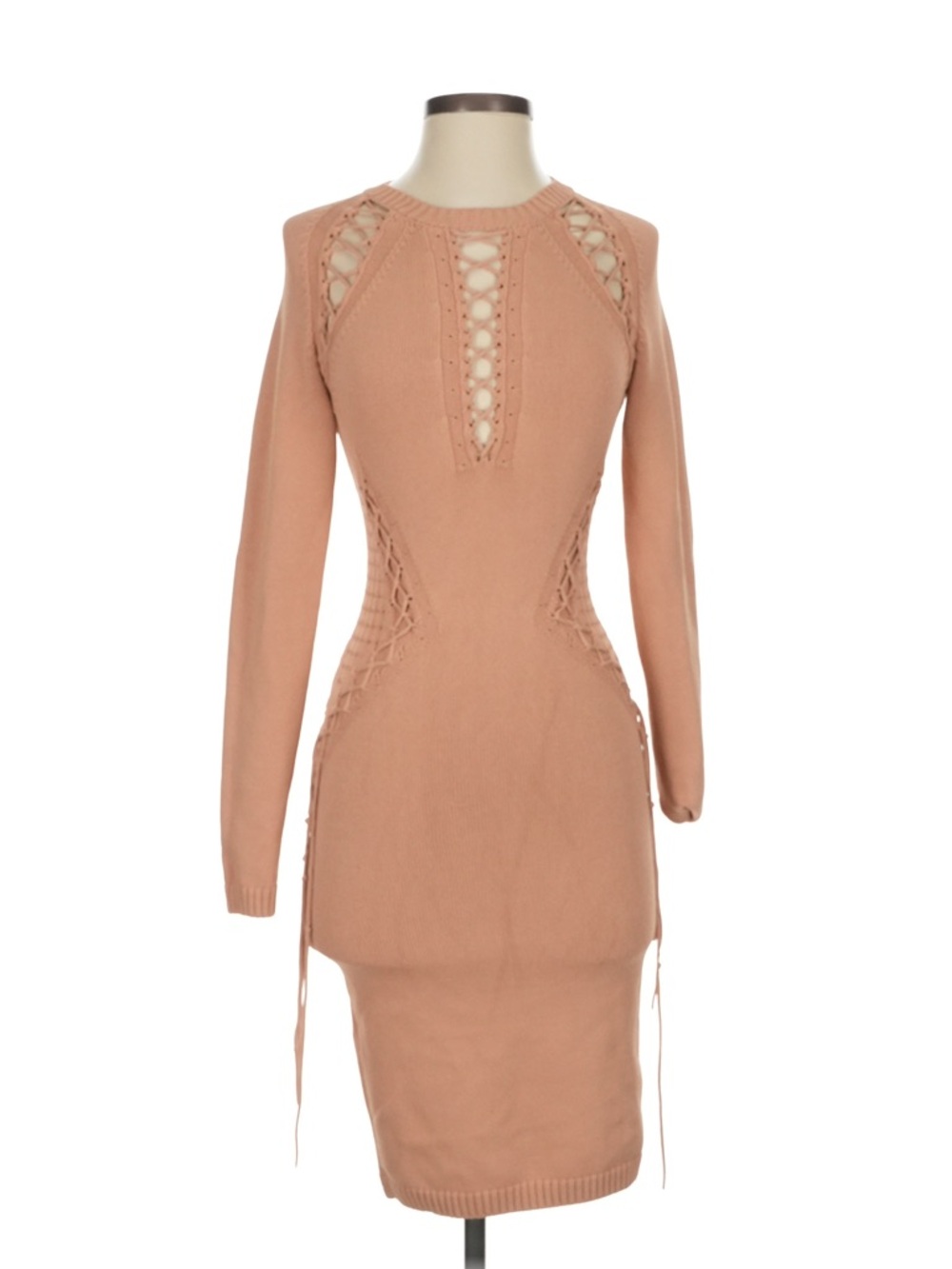Ronny Kobo Collection Nude Lace-Up Long Sleeve Bodycon Dress